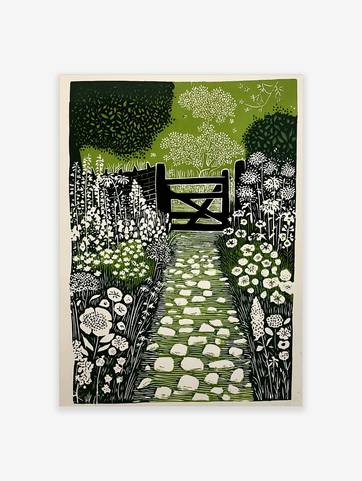 Linocut print of a garden path with white stepping stones leading to a dark wooden gate and botanical flowers