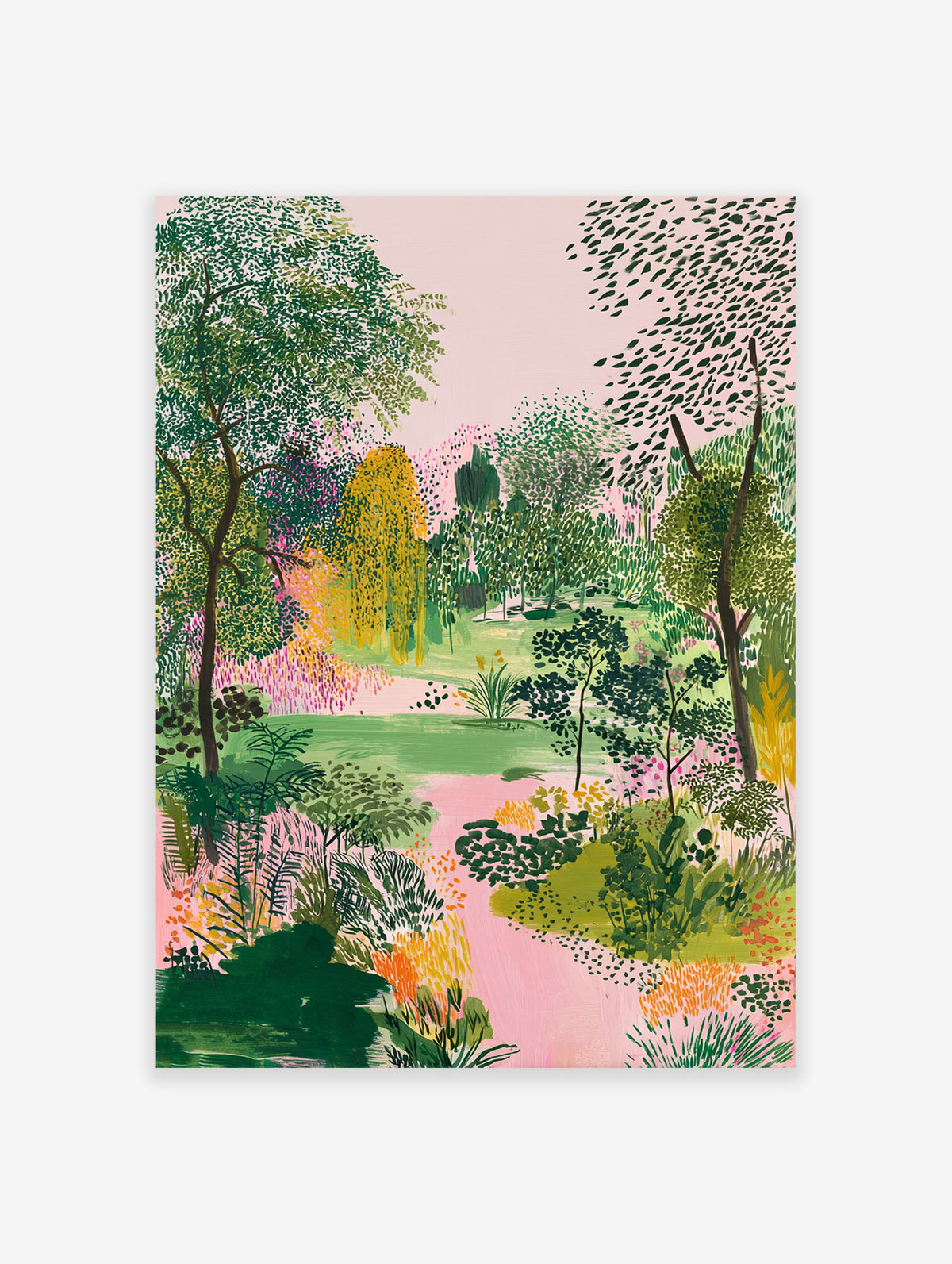 Green garden poster featuring a lush landscape with trees, bushes, and a pink winding path, under a pink sky.
