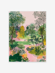 Green garden poster featuring a lush landscape with trees, bushes, and a pink winding path, under a pink sky.