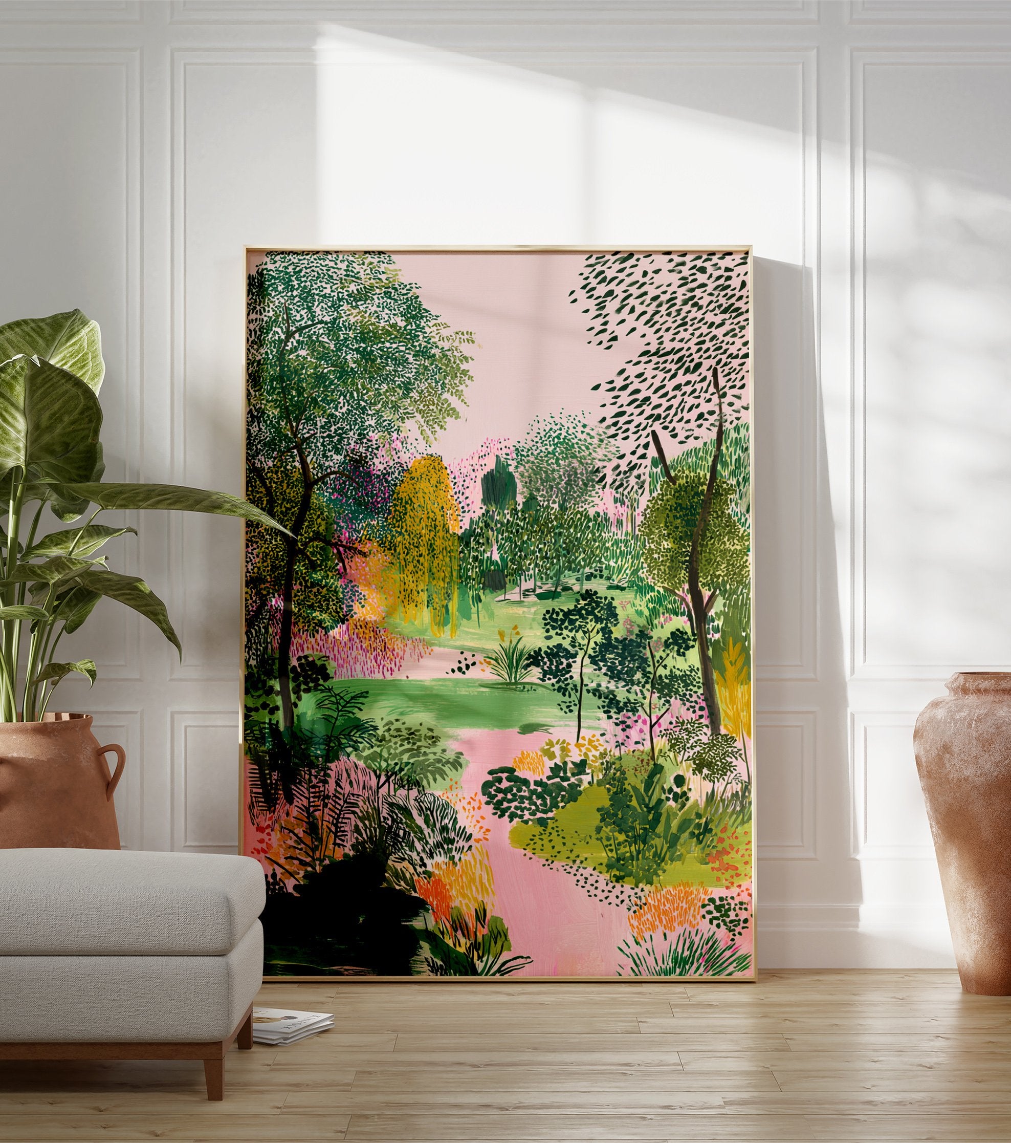 Green garden poster featuring a lush landscape with trees, bushes, and a pink winding path, under a pink sky. - Image 3