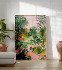 Green garden poster featuring a lush landscape with trees, bushes, and a pink winding path, under a pink sky. - Image 3