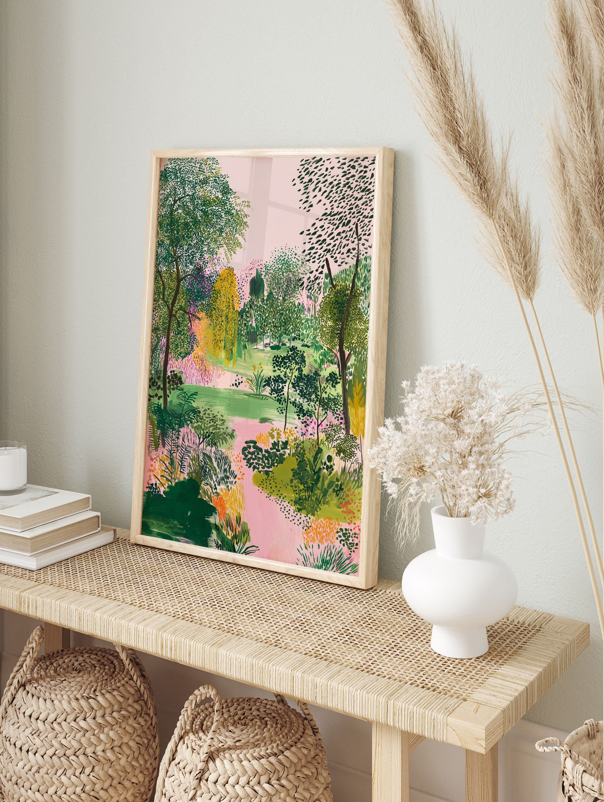 Green garden poster featuring a lush landscape with trees, bushes, and a pink winding path, under a pink sky. - Image 4
