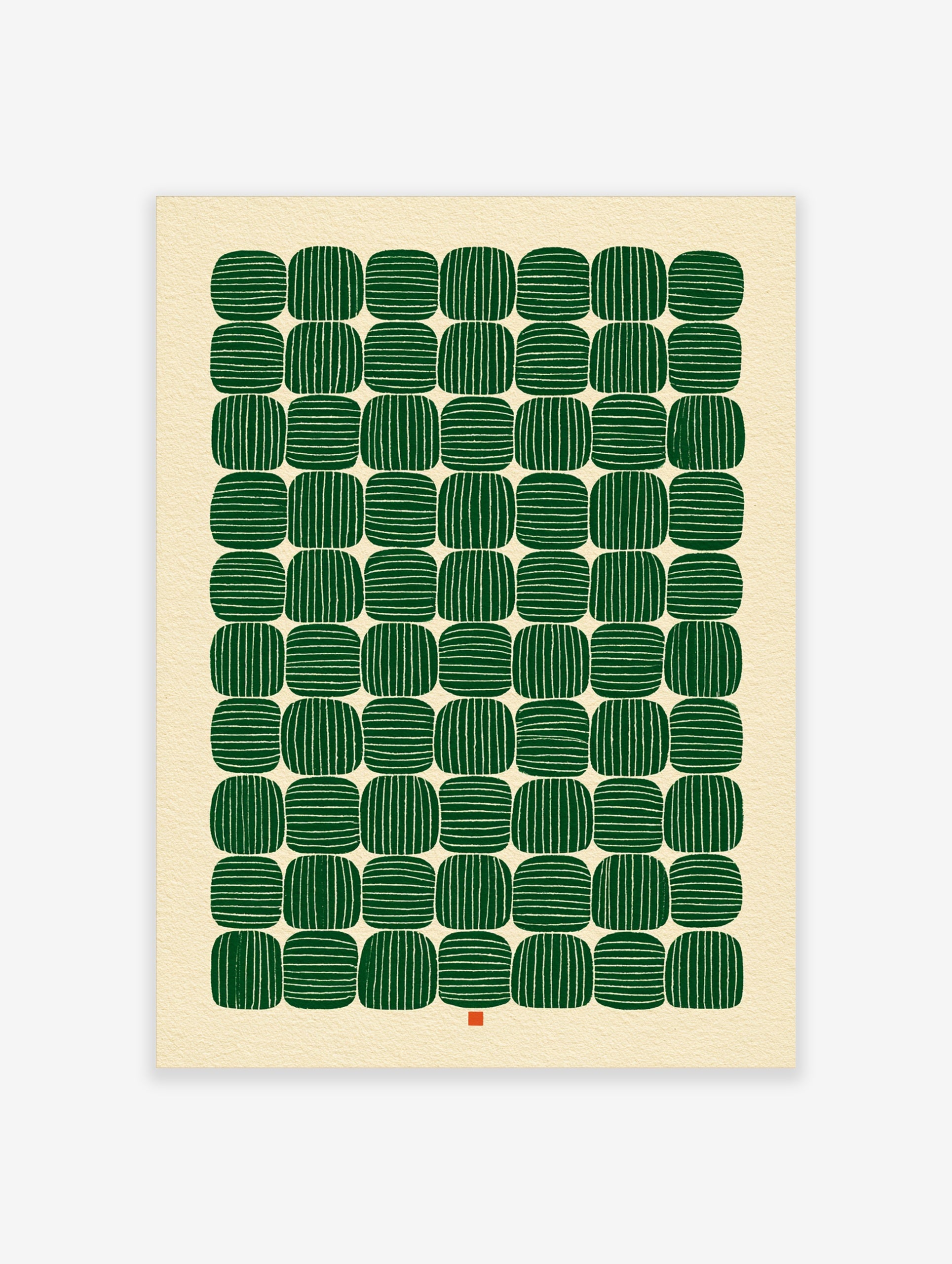Geometric abstract wall art with green striped rounded shapes in a grid pattern on a cream background