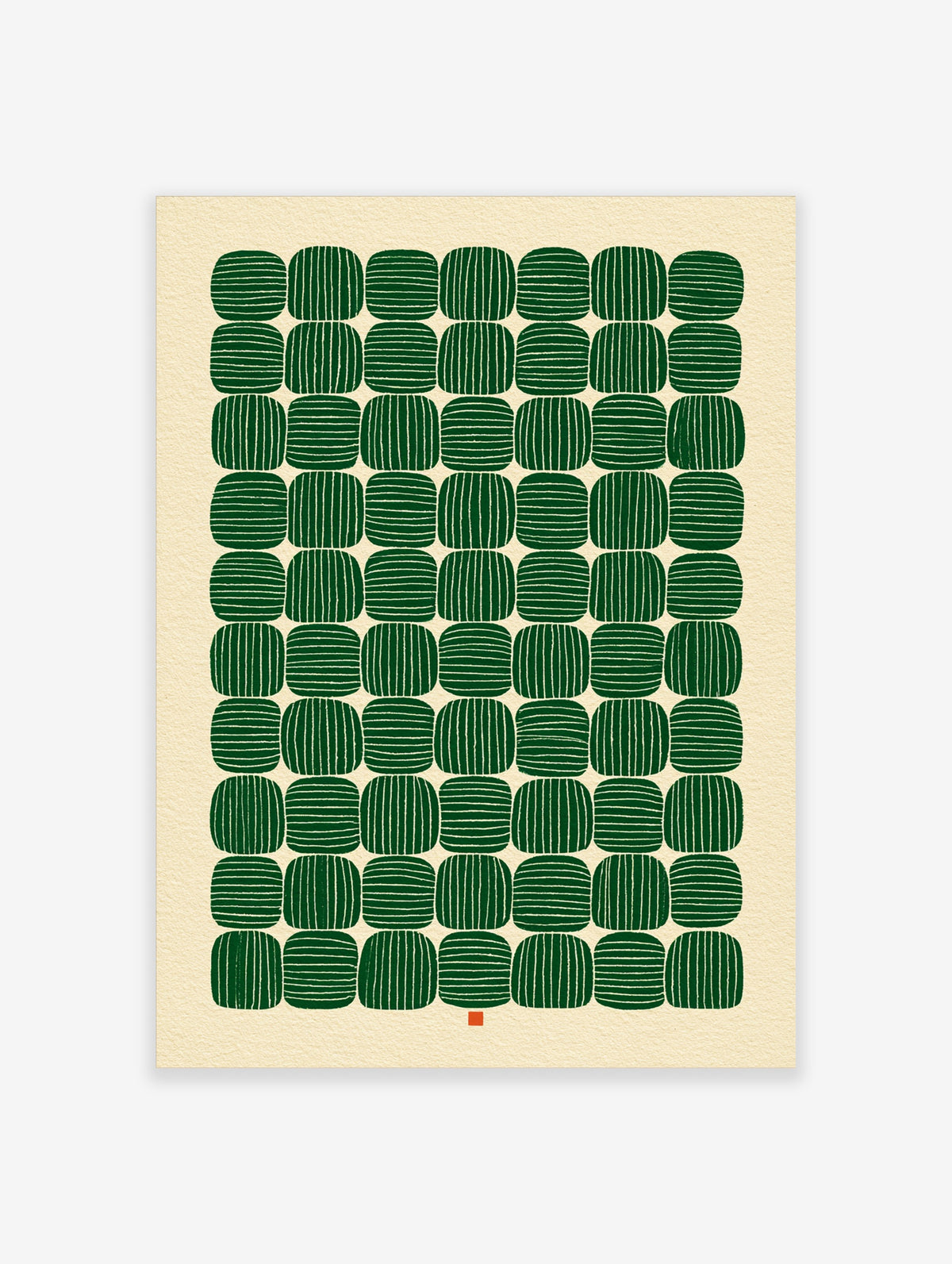 Geometric abstract wall art with green striped rounded shapes in a grid pattern on a cream background