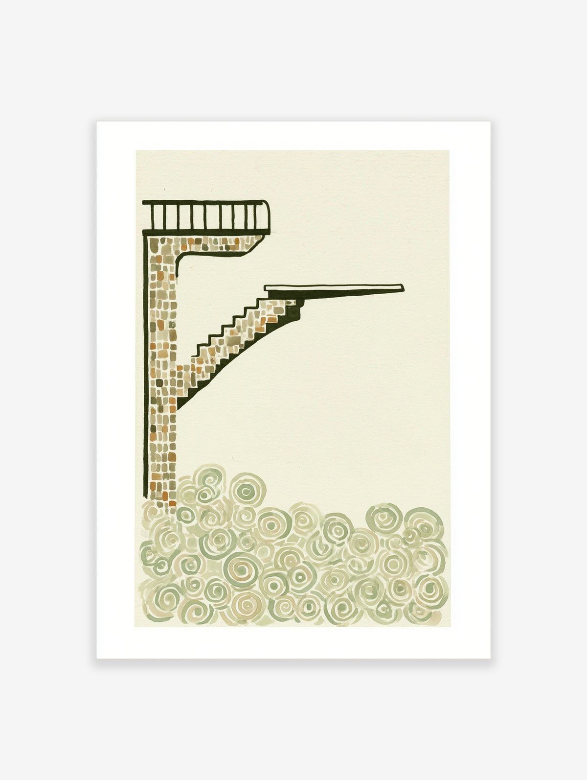 Green geometric architecture print with mosaic pillar, staircase, and spiral pattern base