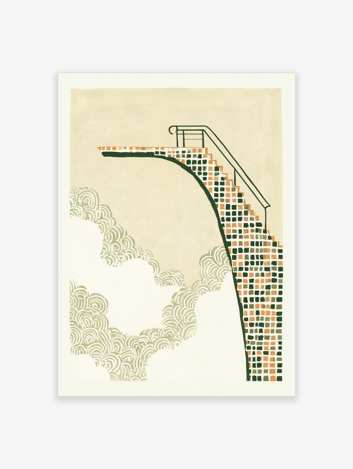 Green geometric staircase poster with orange tiled steps, dark handrail, and cloud-like swirls on beige background