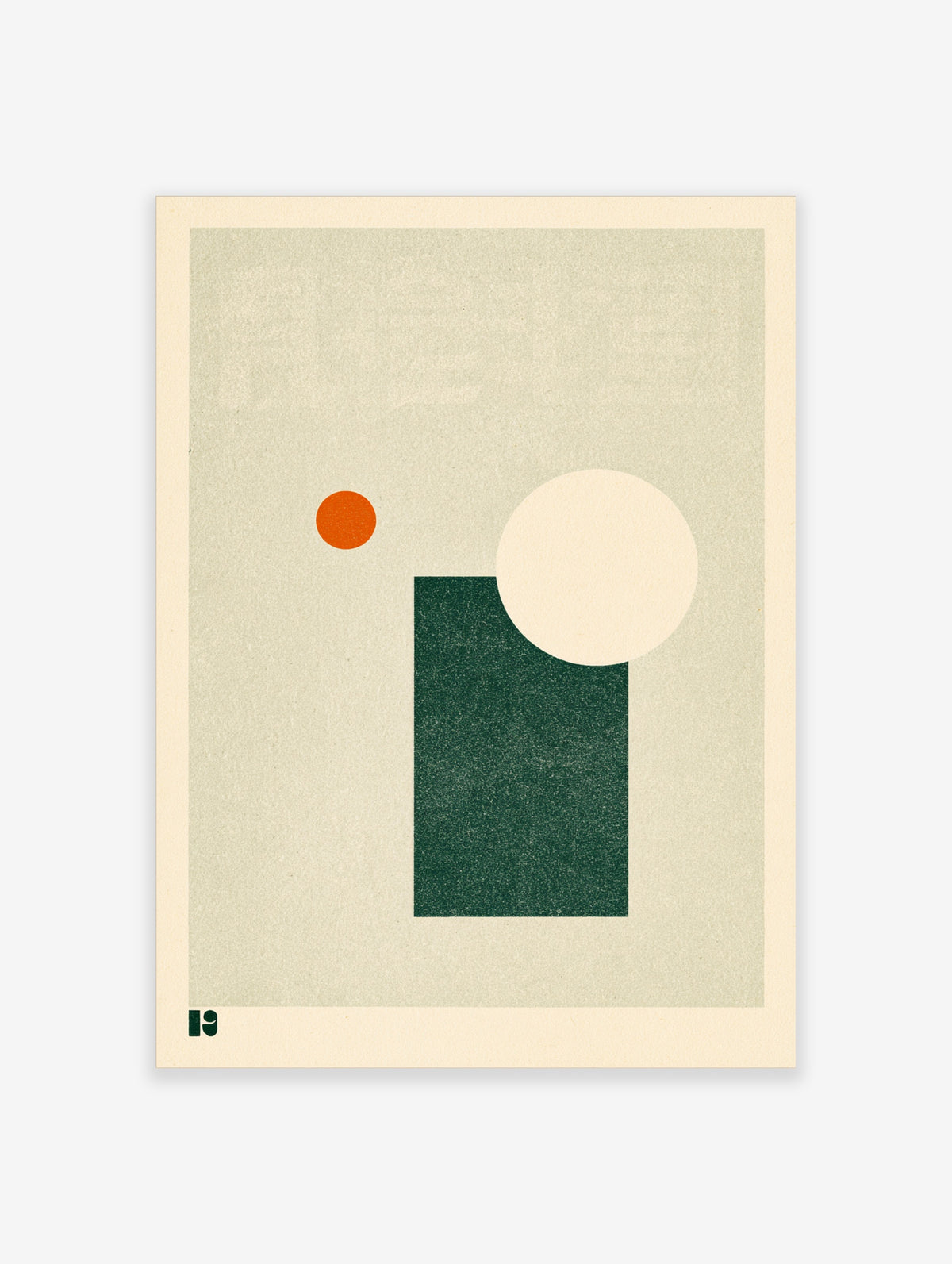 Green geometric abstract print with dark green rectangle, cream circle, and orange dot on beige background