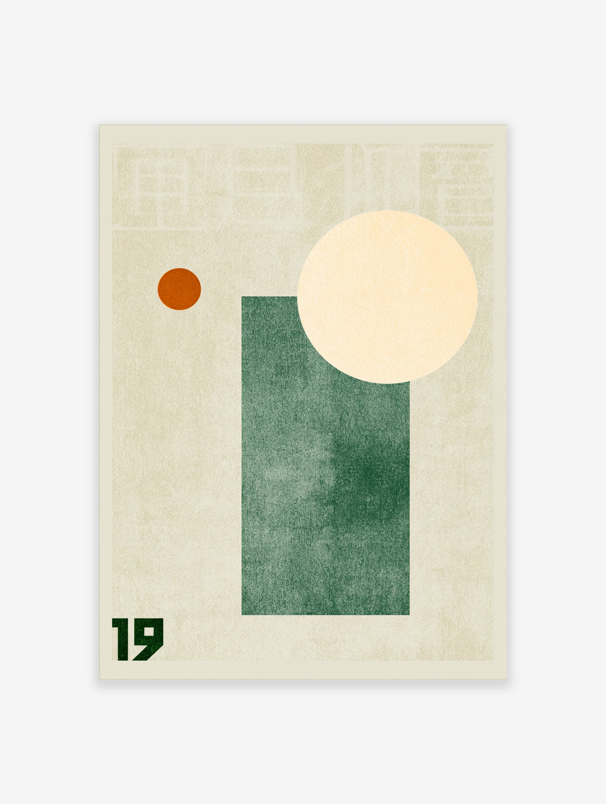 Green geometric Bauhaus art print with dark green rectangle, cream circle, rust dot, and number 19 on textured background