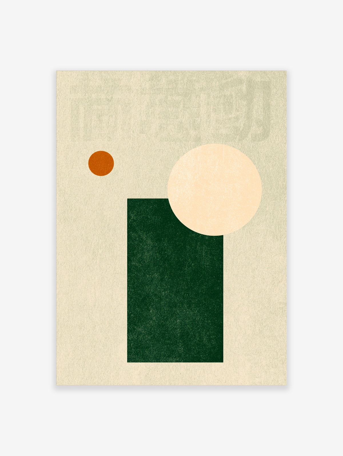 Minimalist geometric art print with green rectangle, cream circle, and orange dot on beige background