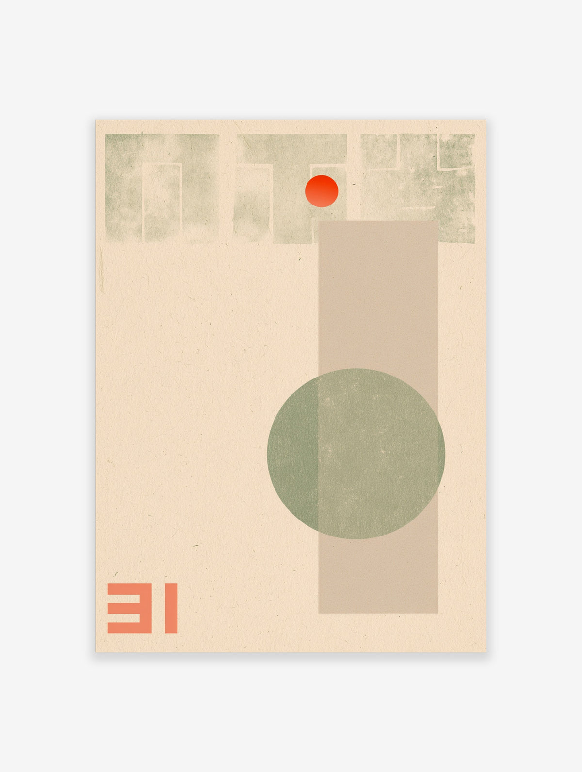 Geometric art print with sage green circle, taupe rectangle, and orange dot on beige background