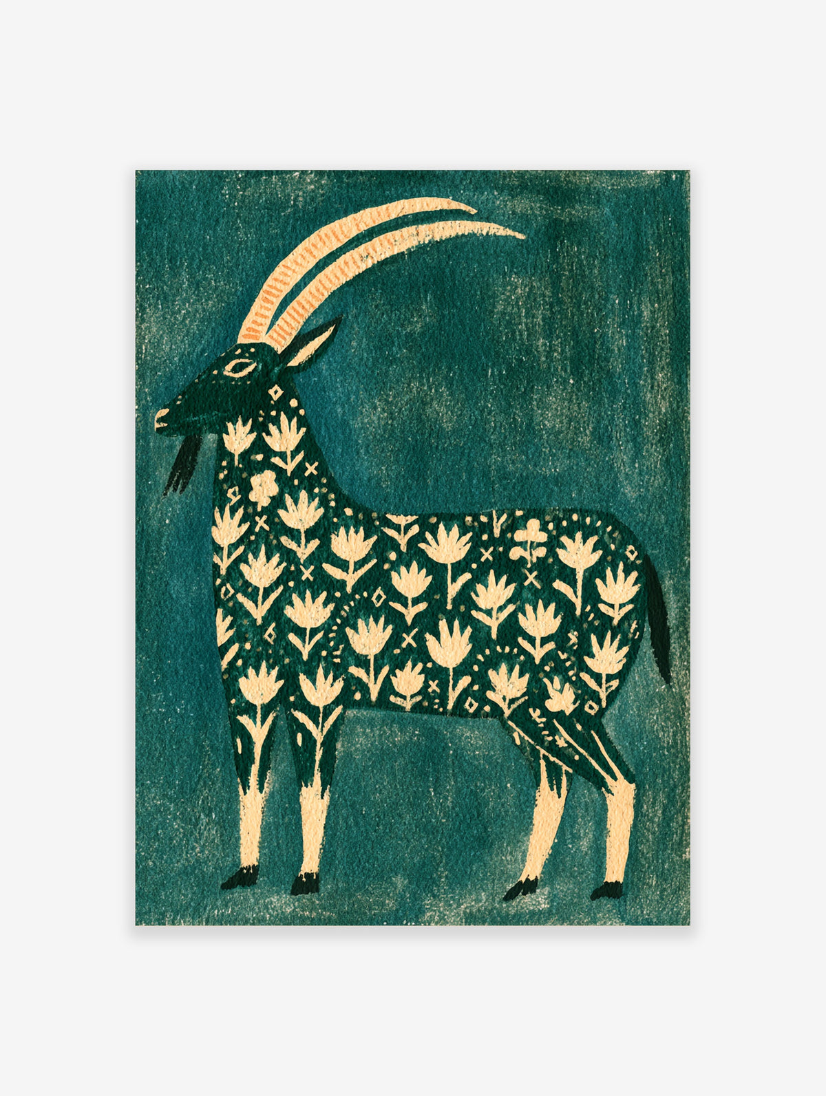 Dark green goat with cream floral patterns and curved horns on a teal background, folk art print