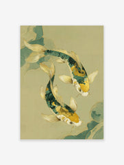 Illustrative print of two green and gold koi fish swimming gracefully on a light green background