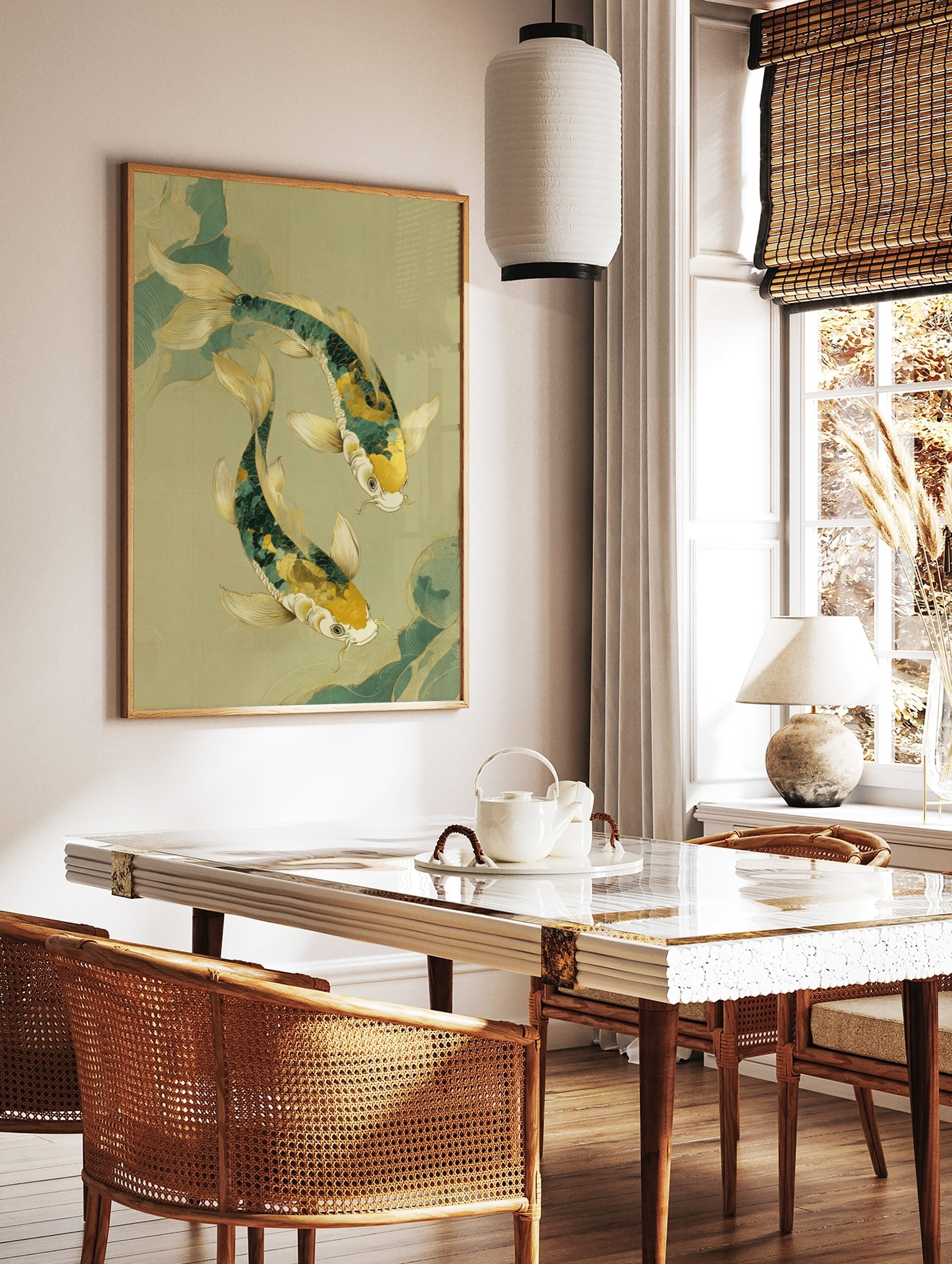 Illustrative print of two green and gold koi fish swimming gracefully on a light green background, in a styled room mockup