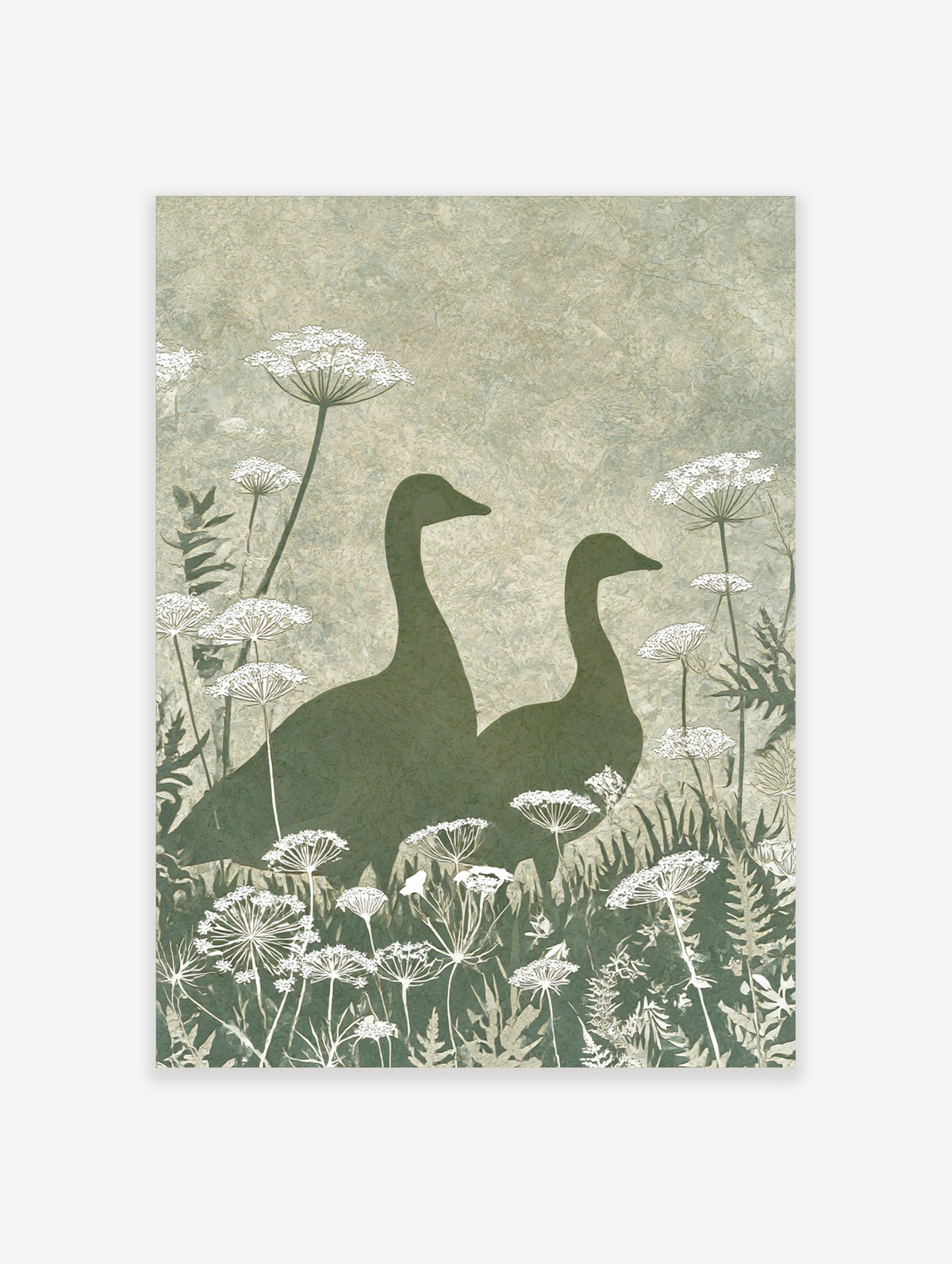 Illustrative green goose silhouettes with white Queen Anne's Lace botanical print