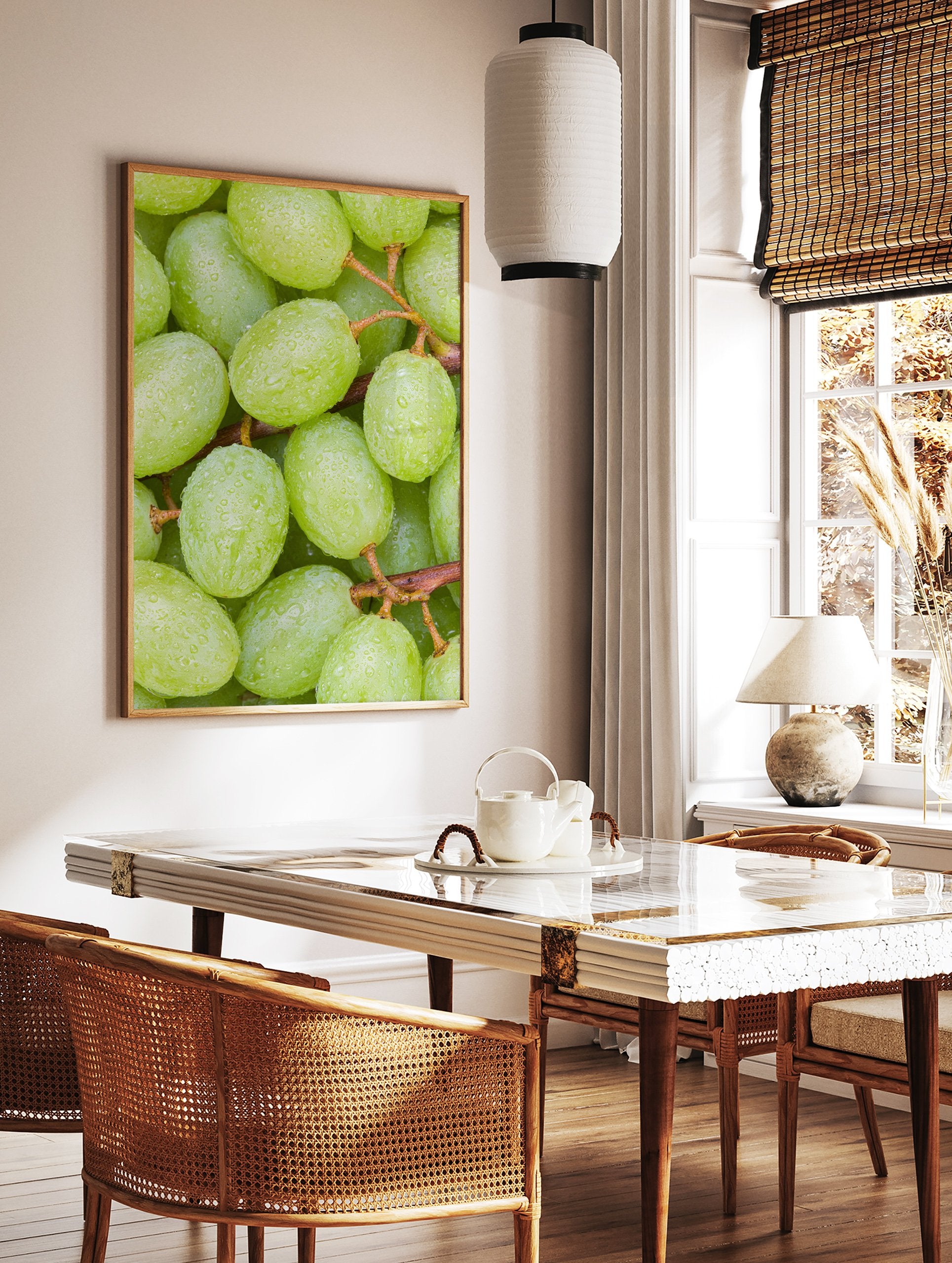 Close-up photography of fresh green grapes covered in water droplets on their stems, vibrant and natural. - Image 2