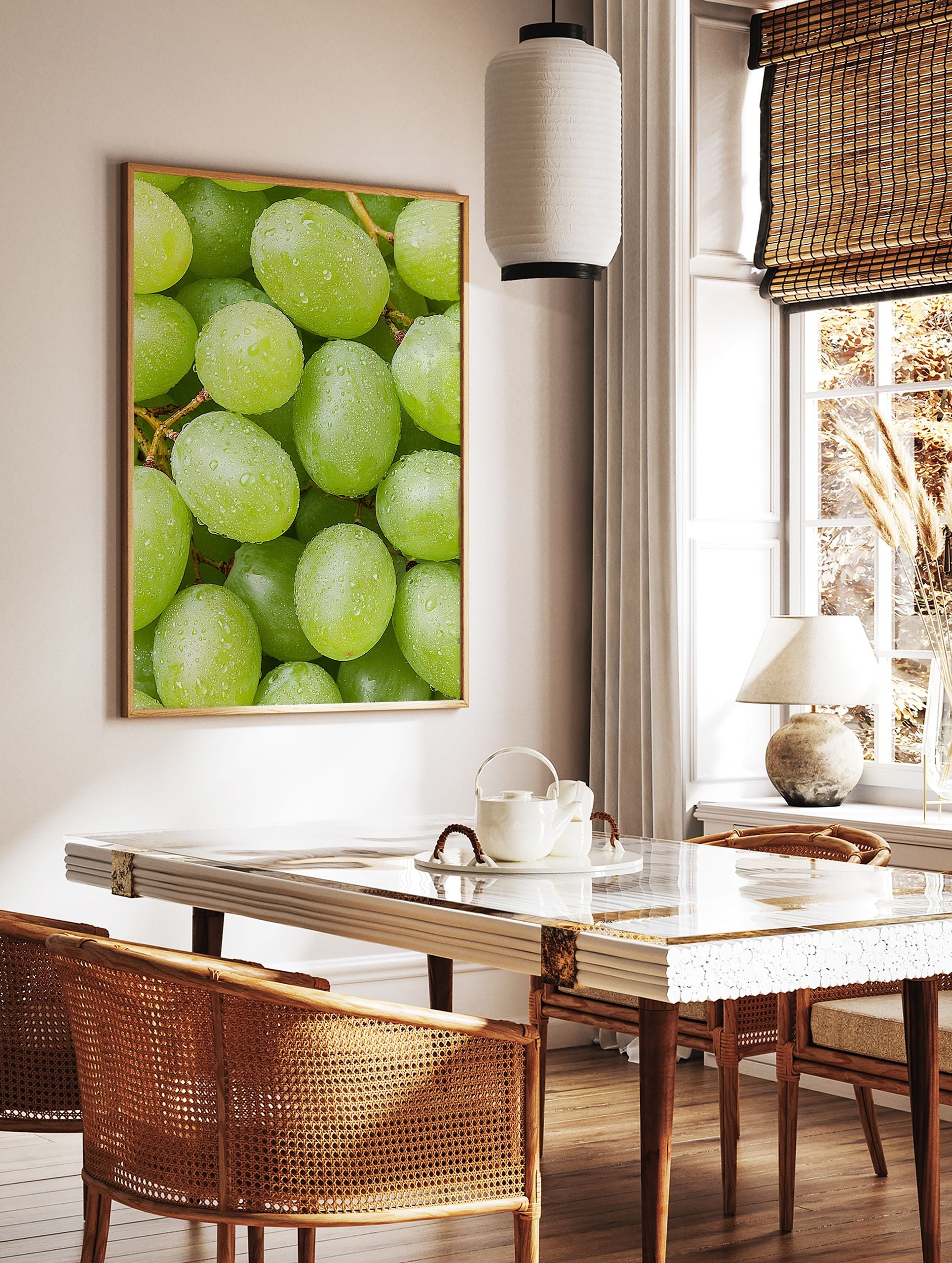 Close-up of fresh green grapes covered in water droplets, vibrant fruit photography print. - Image 2