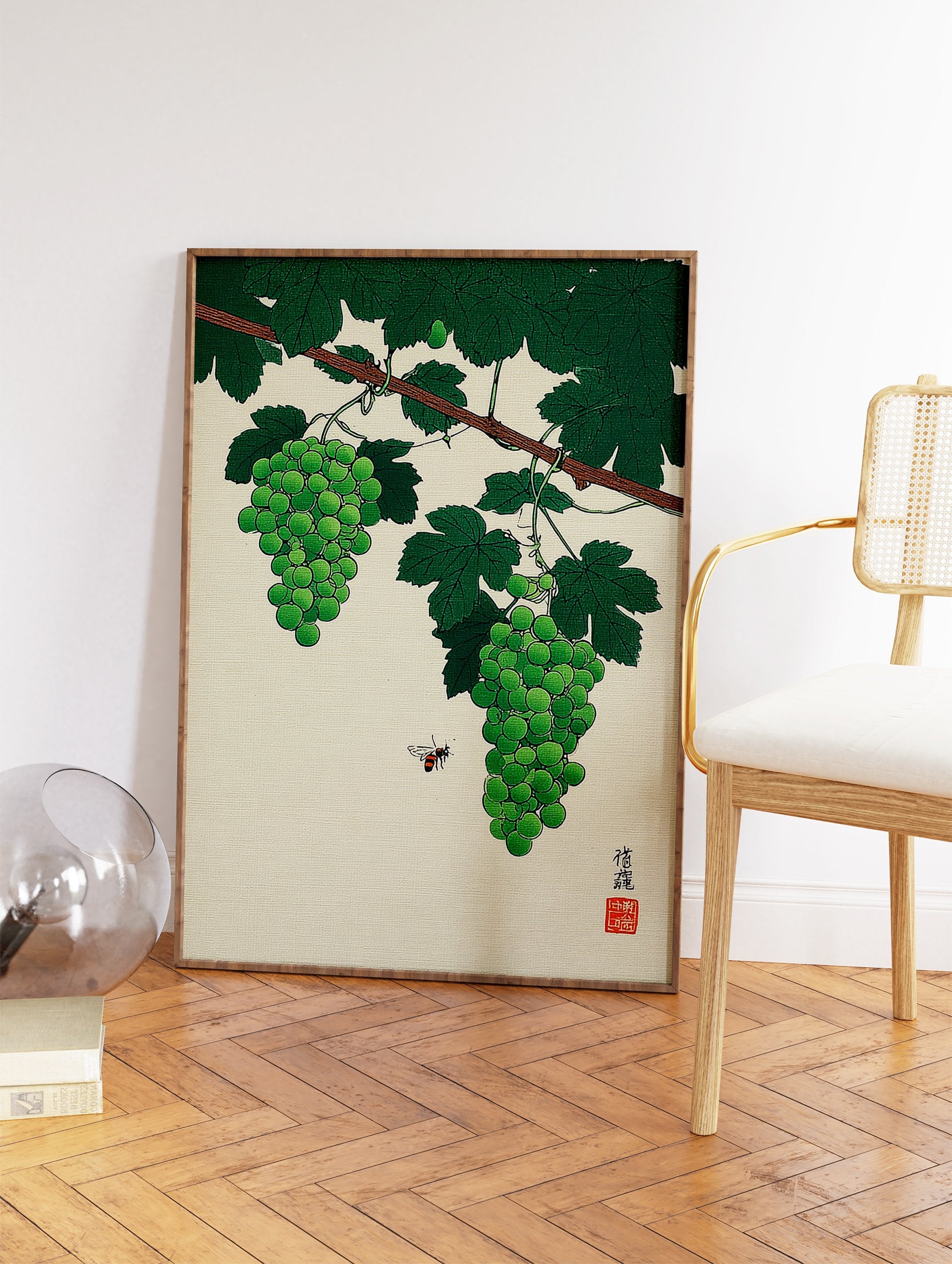 Green Grapes Wall Art botanical illustration featuring two bunches of grapes, a bee, and vine leaves on a light background. - Image 2