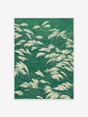 Green grass poster featuring illustrative, flowing white reeds against a dark green background, depicting a serene natural scene.