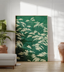 Green grass poster featuring illustrative, flowing white reeds against a dark green background, depicting a serene natural scene. - Image 3