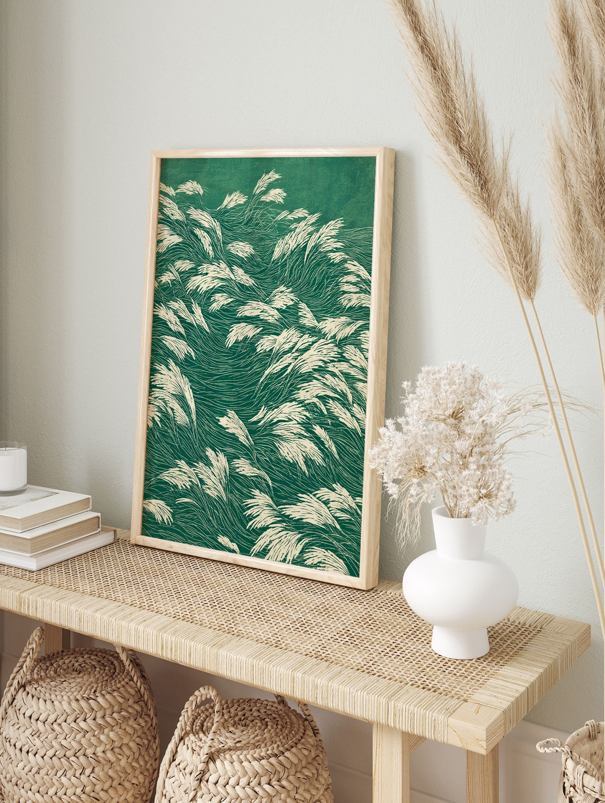 Green grass poster featuring illustrative, flowing white reeds against a dark green background, depicting a serene natural scene. - Image 4