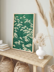 Green grass poster featuring illustrative, flowing white reeds against a dark green background, depicting a serene natural scene. - Image 4