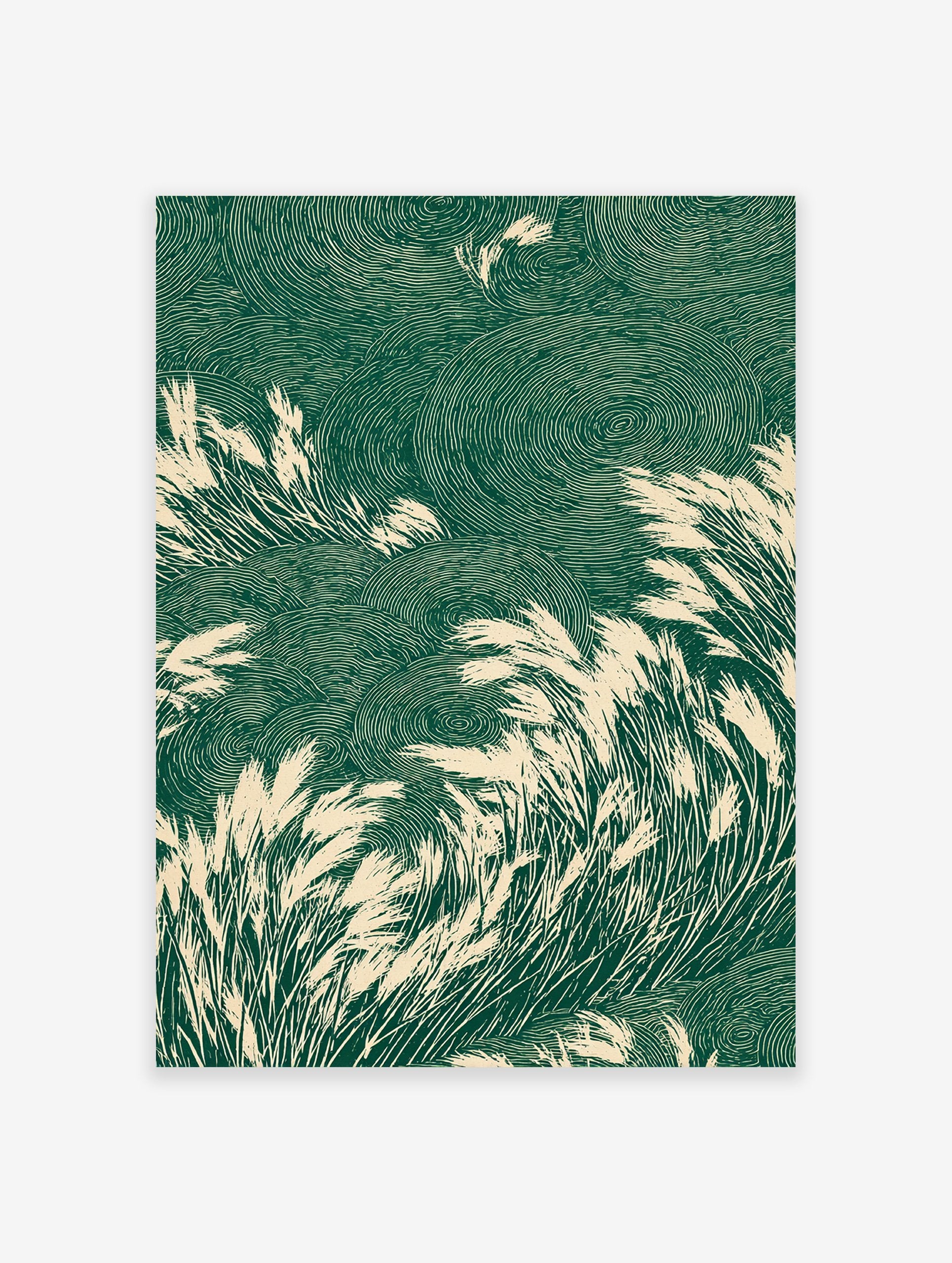 Stylized green and beige Japanese grass poster with tall reeds swaying against a background of circular, ripple-like patterns.