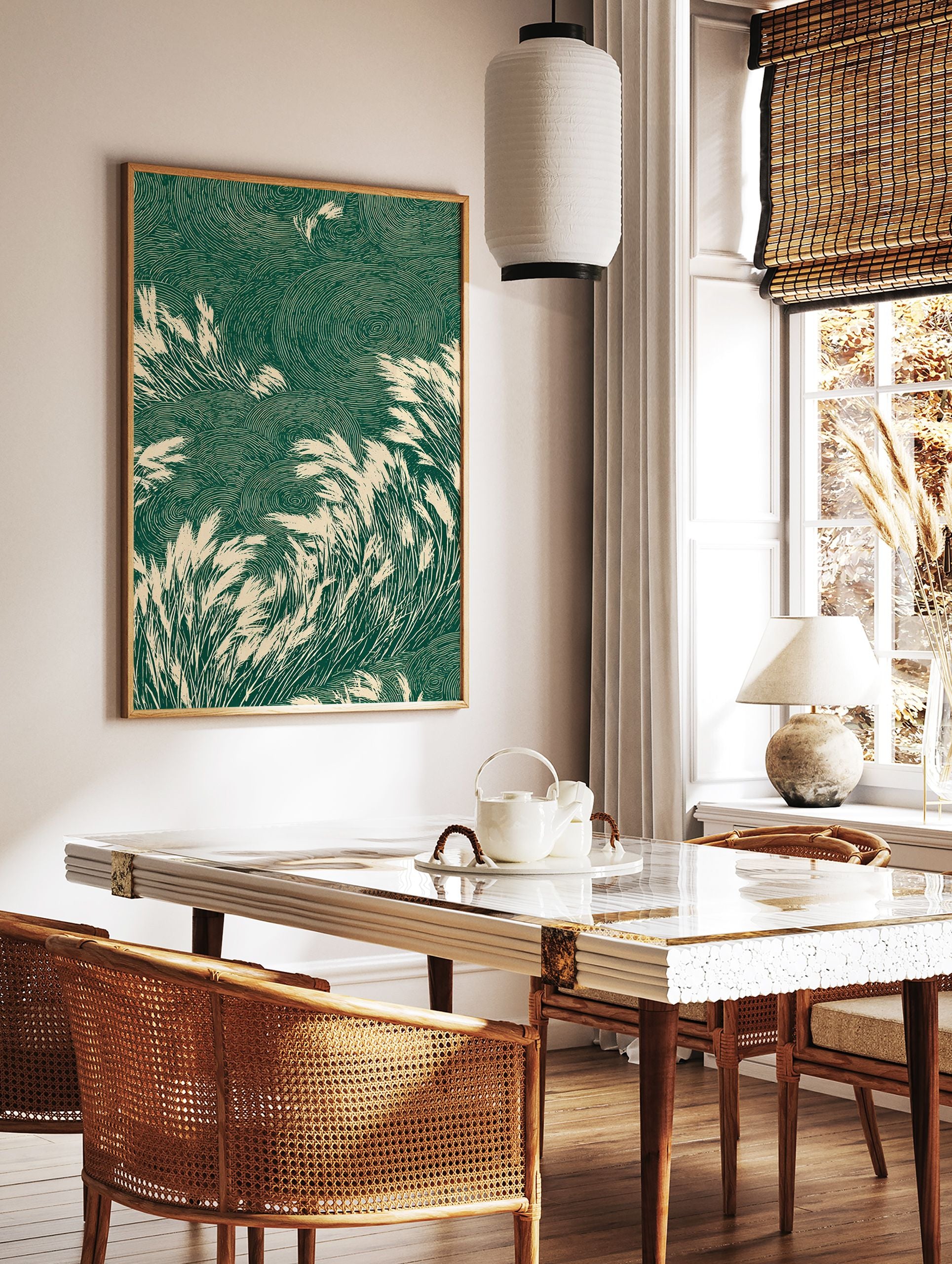 Stylized green and beige Japanese grass poster with tall reeds swaying against a background of circular, ripple-like patterns. - Image 2