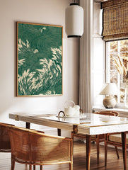 Stylized green and beige Japanese grass poster with tall reeds swaying against a background of circular, ripple-like patterns. - Image 2