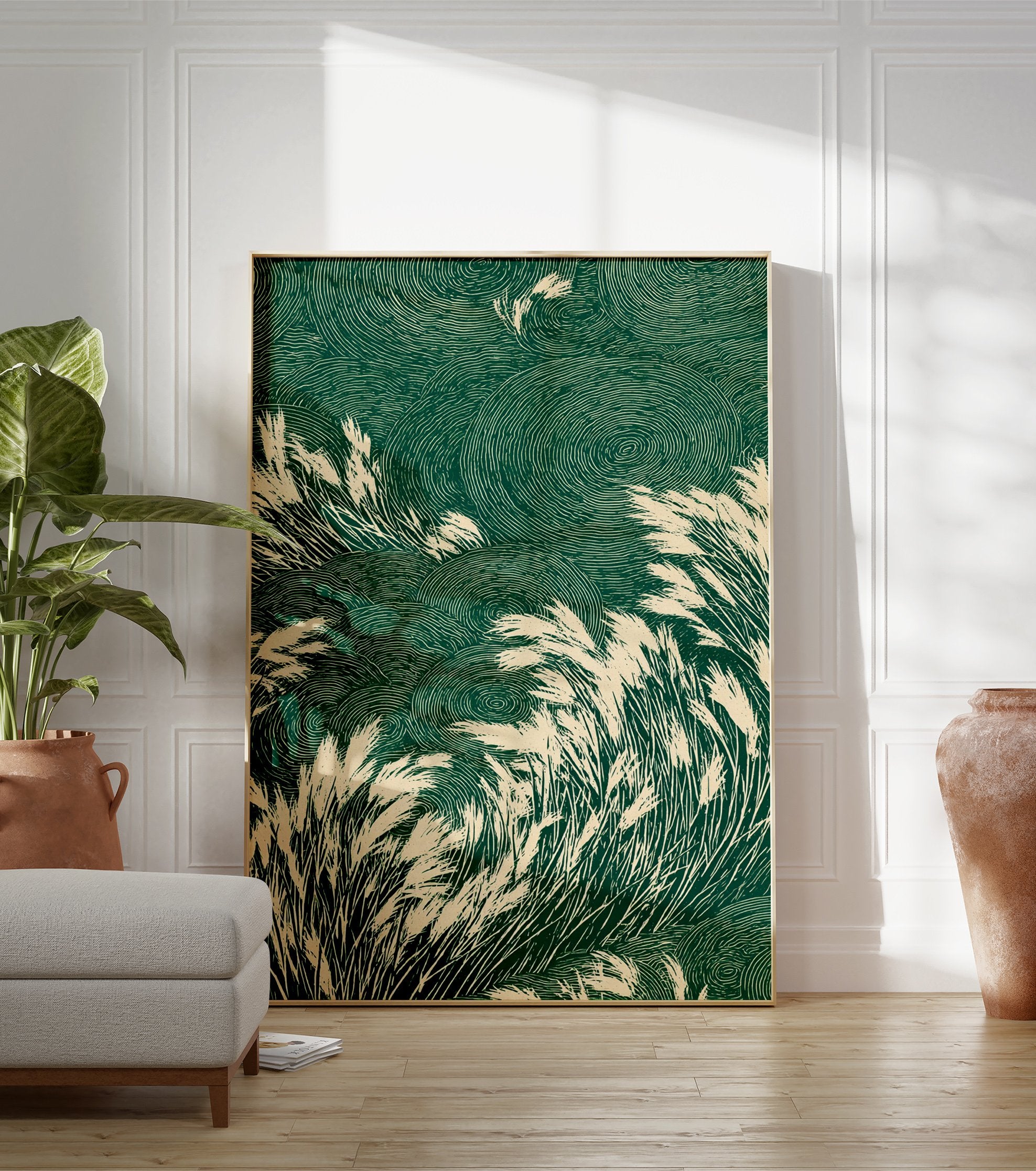 Stylized green and beige Japanese grass poster with tall reeds swaying against a background of circular, ripple-like patterns. - Image 3