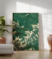 Stylized green and beige Japanese grass poster with tall reeds swaying against a background of circular, ripple-like patterns. - Image 3