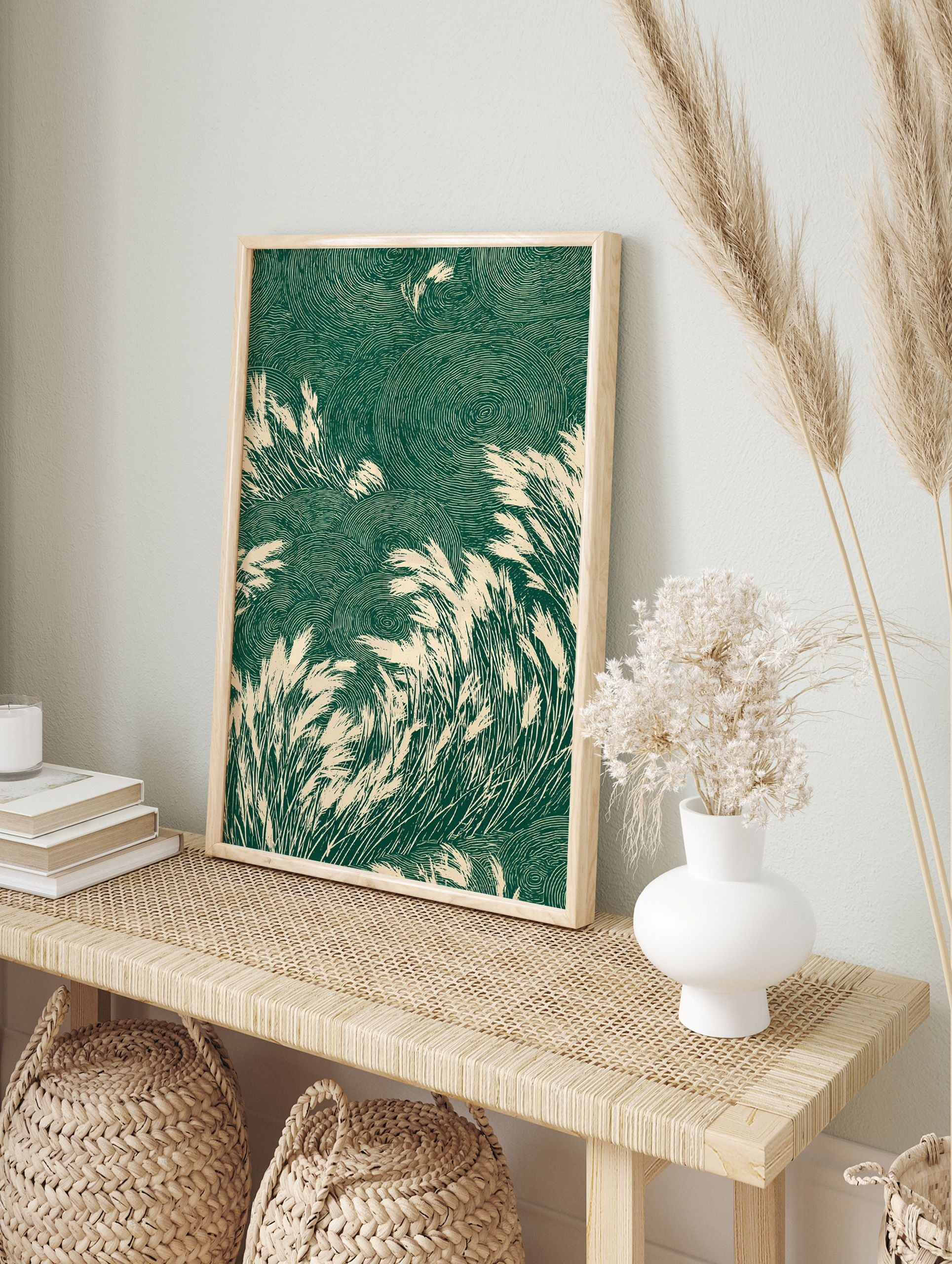 Stylized green and beige Japanese grass poster with tall reeds swaying against a background of circular, ripple-like patterns. - Image 4