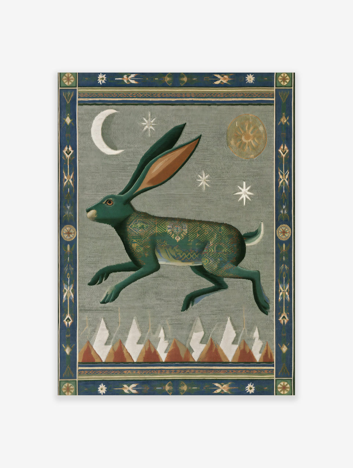 Stylized green hare wall art print with intricate patterns, crescent moon, sun, stars, and mountain peaks, bordered by decorative motifs