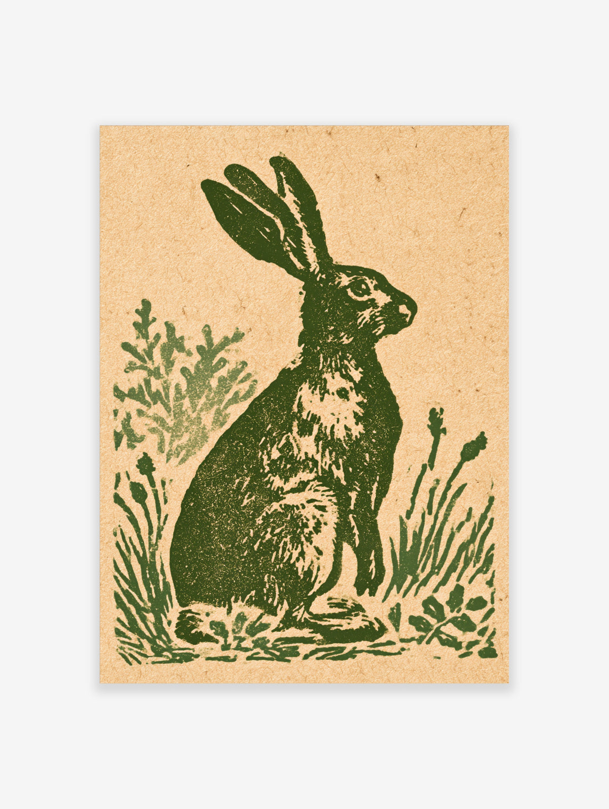 Green hare art print seated among ferns and grasses on beige background