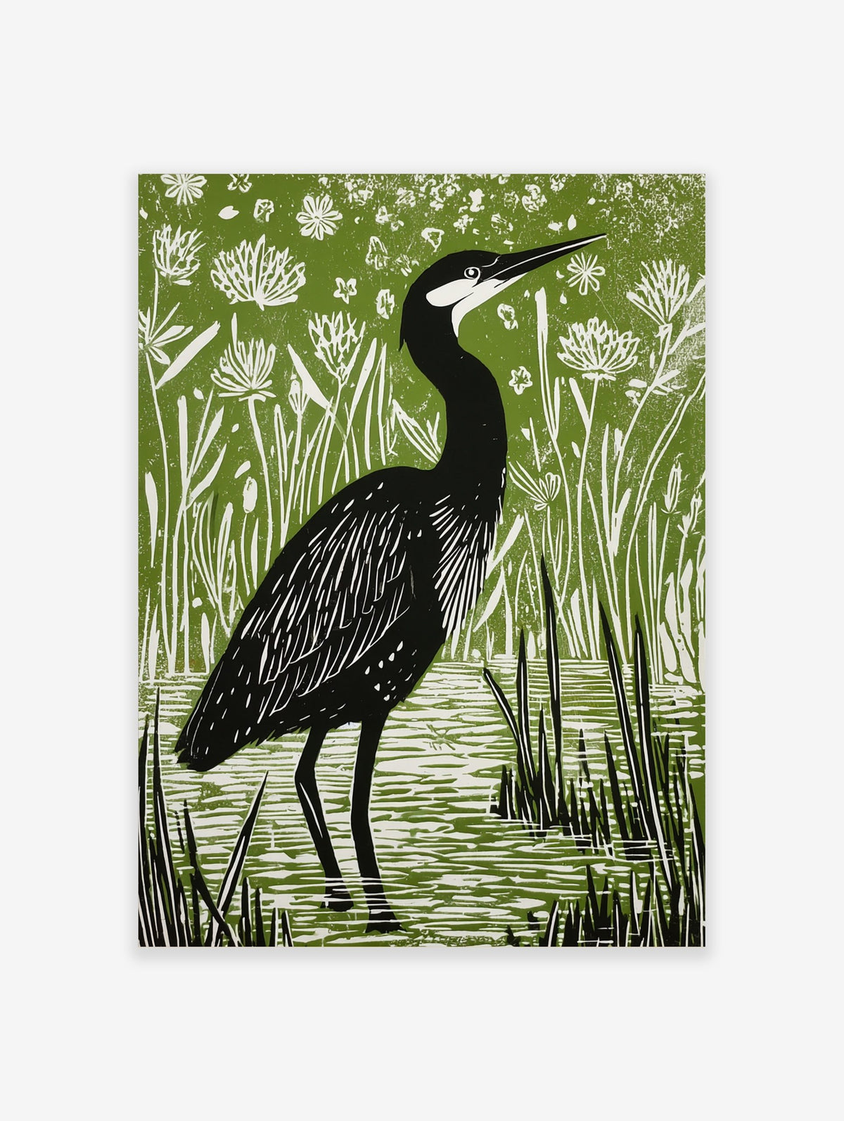 Illustrative linocut print of a black heron with white head markings, standing in green marsh water with reeds