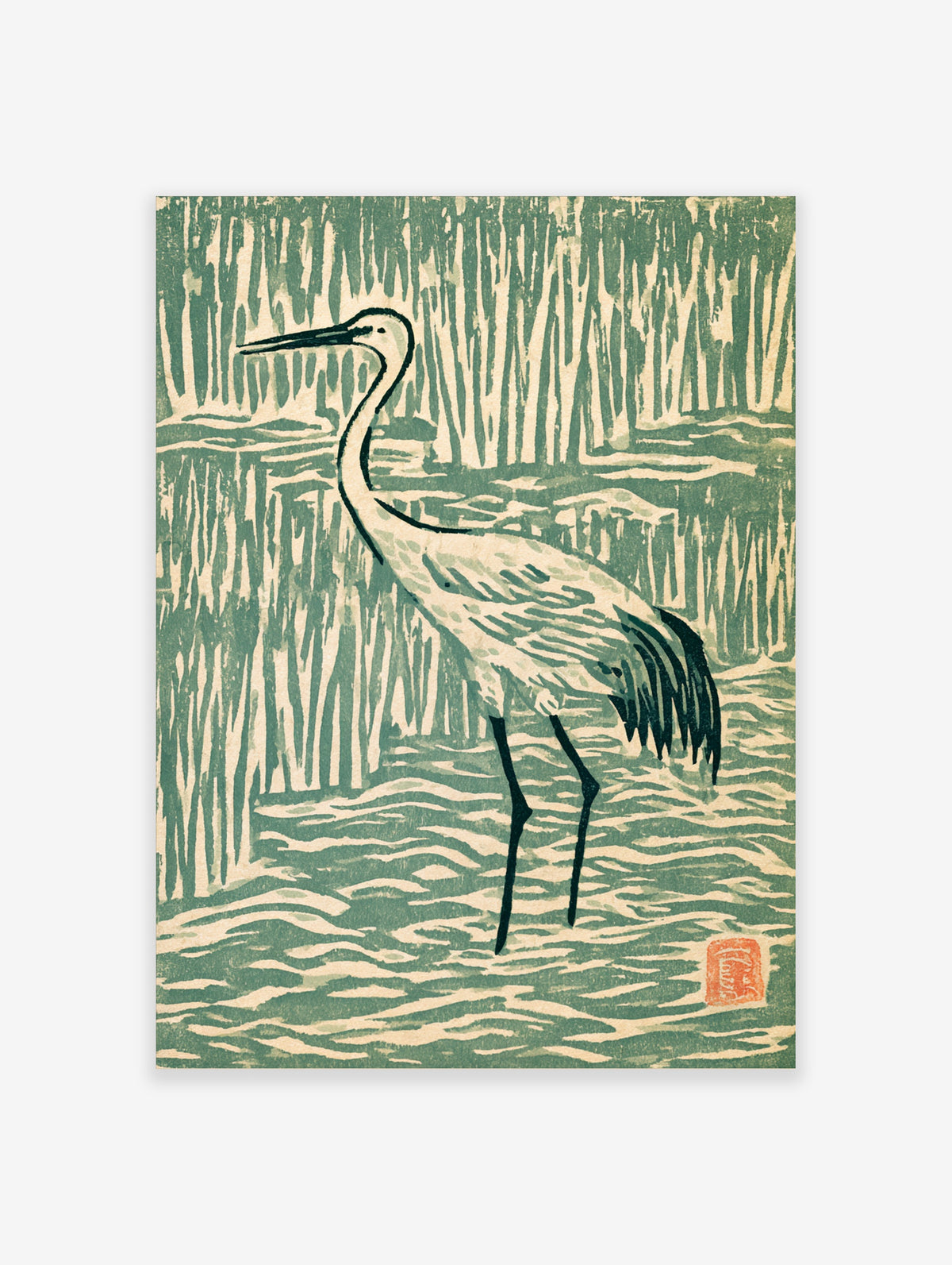 Green heron standing in water with tall reeds, Japanese-style bird poster in green and cream