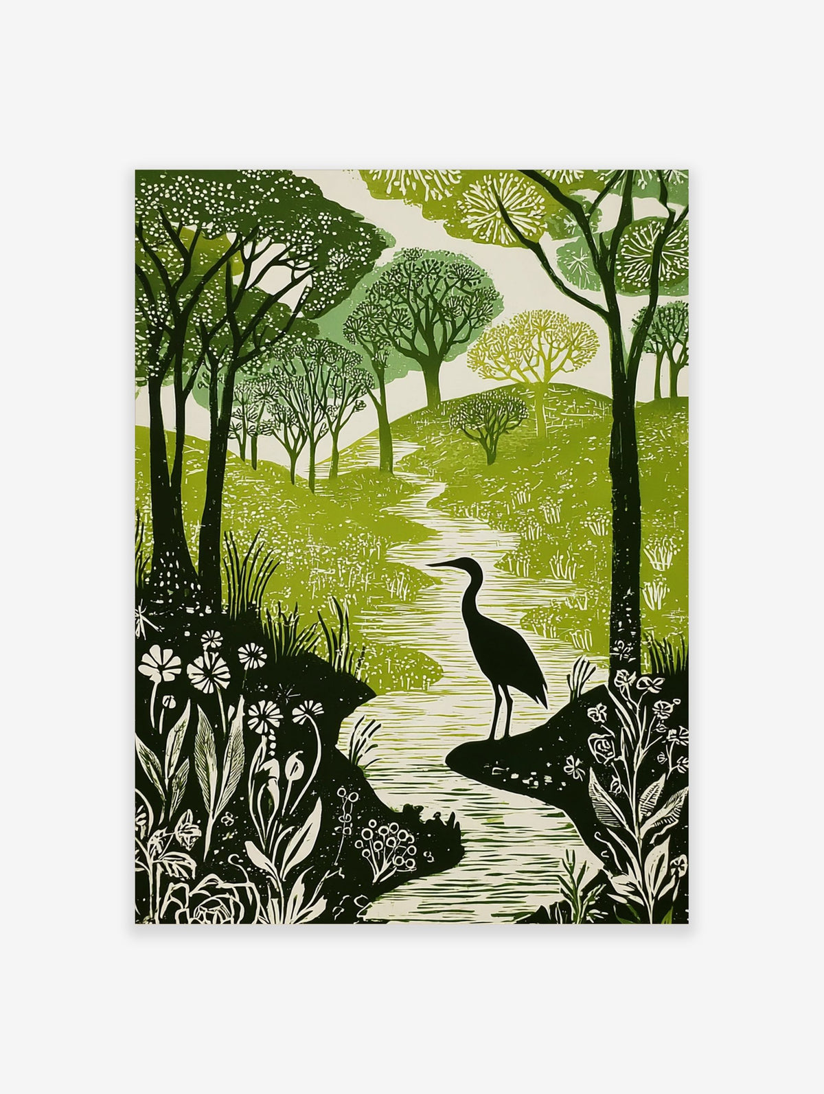 Green and white woodcut print of a heron in a winding river, surrounded by forest trees and detailed foliage