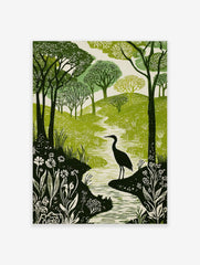 Green and white woodcut print of a heron in a winding river, surrounded by forest trees and detailed foliage