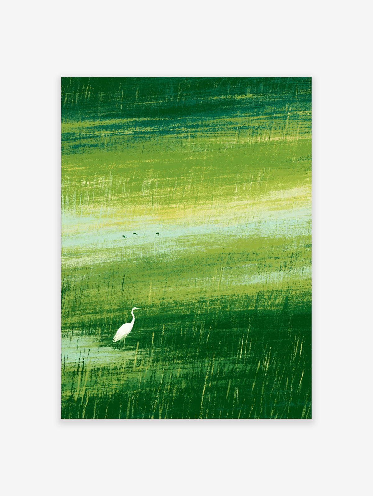 Green heron wall art print with white egret in misty Japanese landscape, layered green brushstrokes