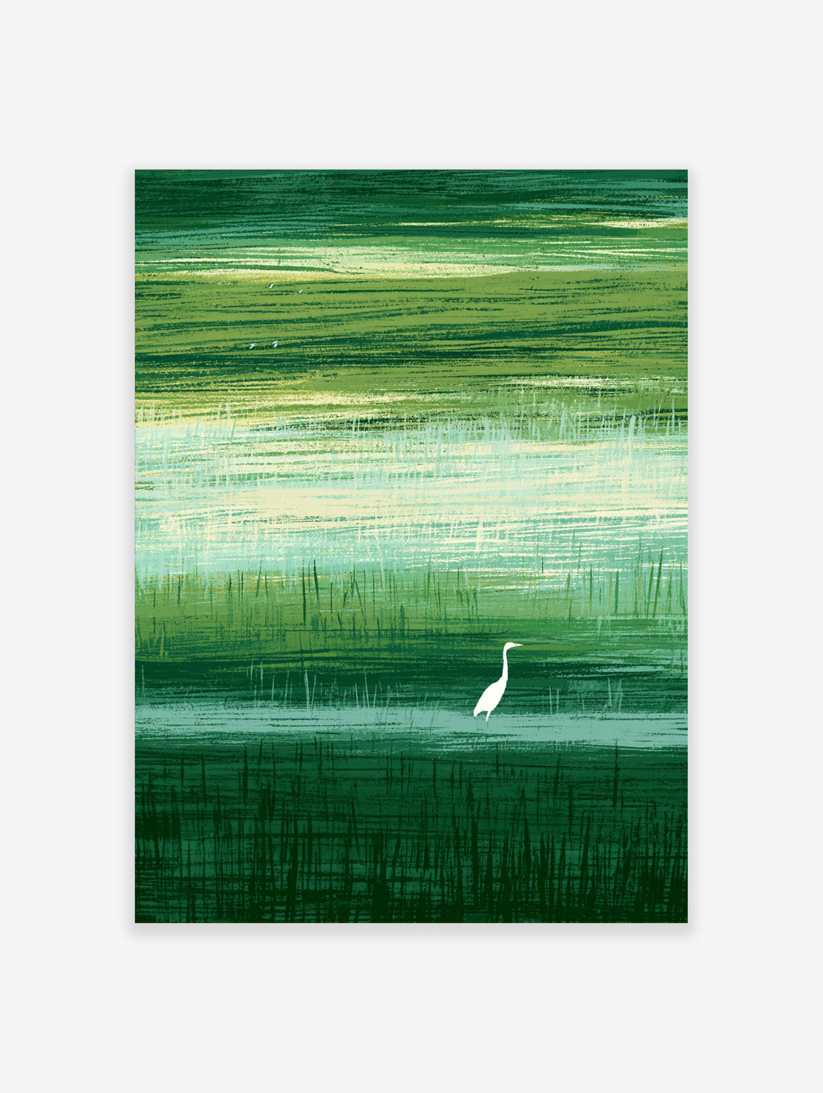 Green heron wall art print showing a white bird wading in a marsh with layered green brushstrokes and reeds
