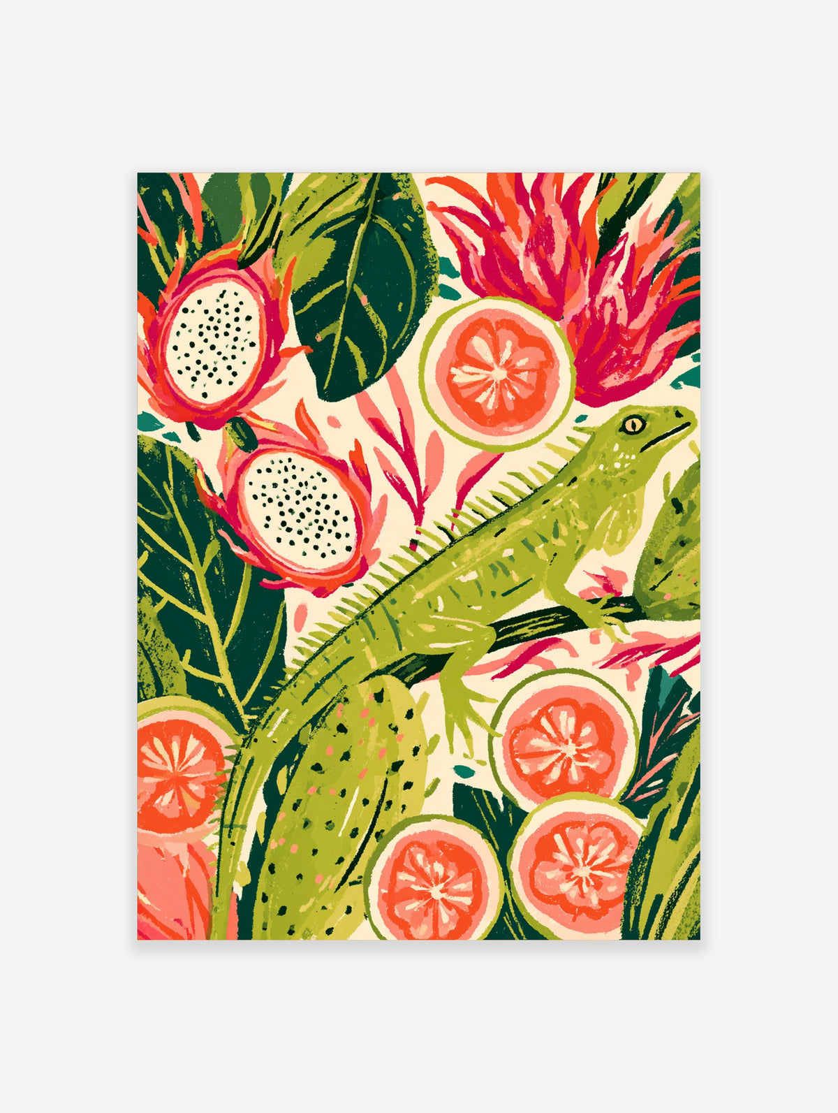 Green iguana and dragon fruit tropical art print with citrus slices on cream background
