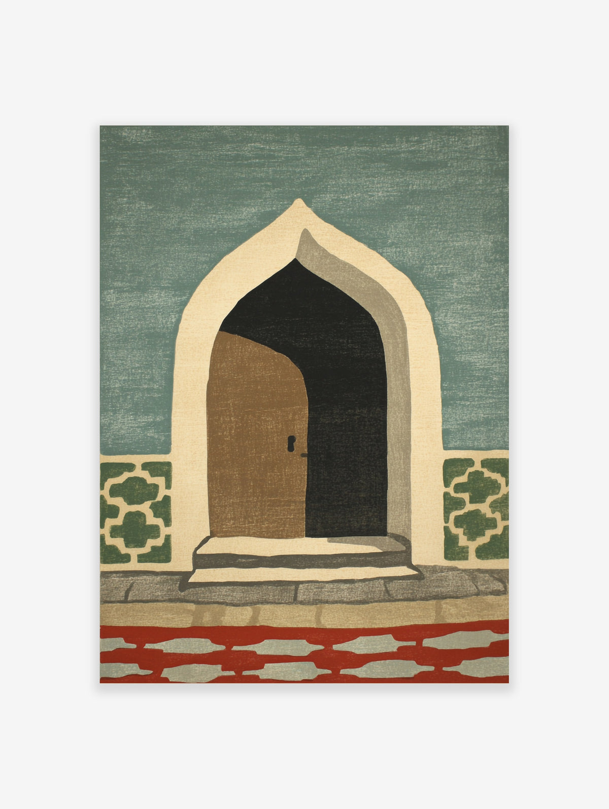 Green Islamic arch door poster with brown wooden door, dark interior, and geometric tile details