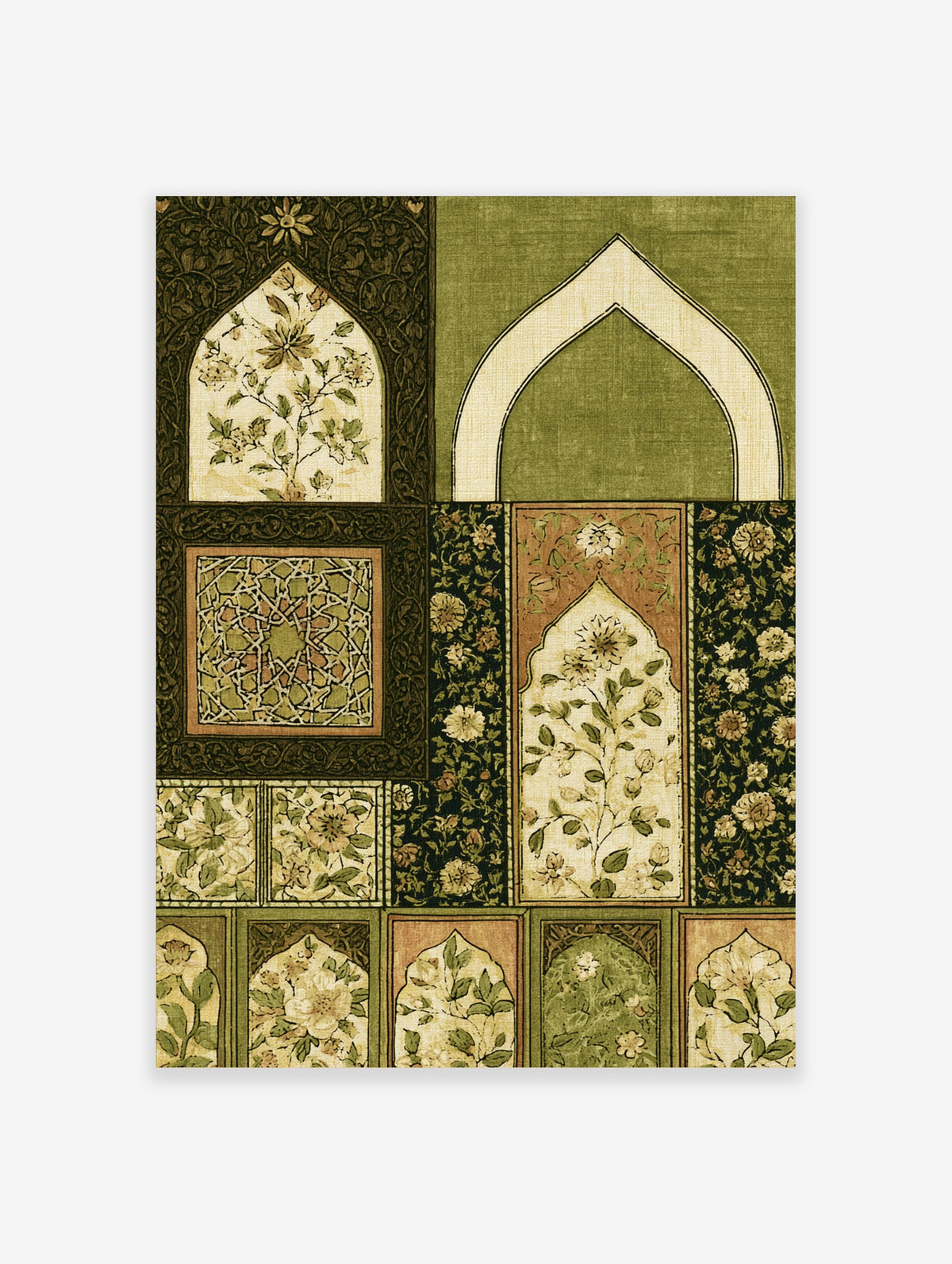 Green Islamic arch wall art with botanical floral panels and geometric tile patterns