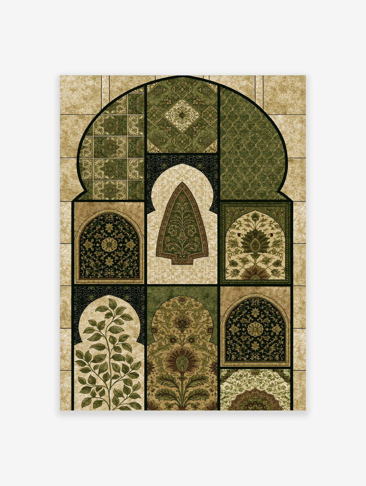 Green Islamic arch wall art with ornate botanical patterns and geometric tilework, portrait orientation