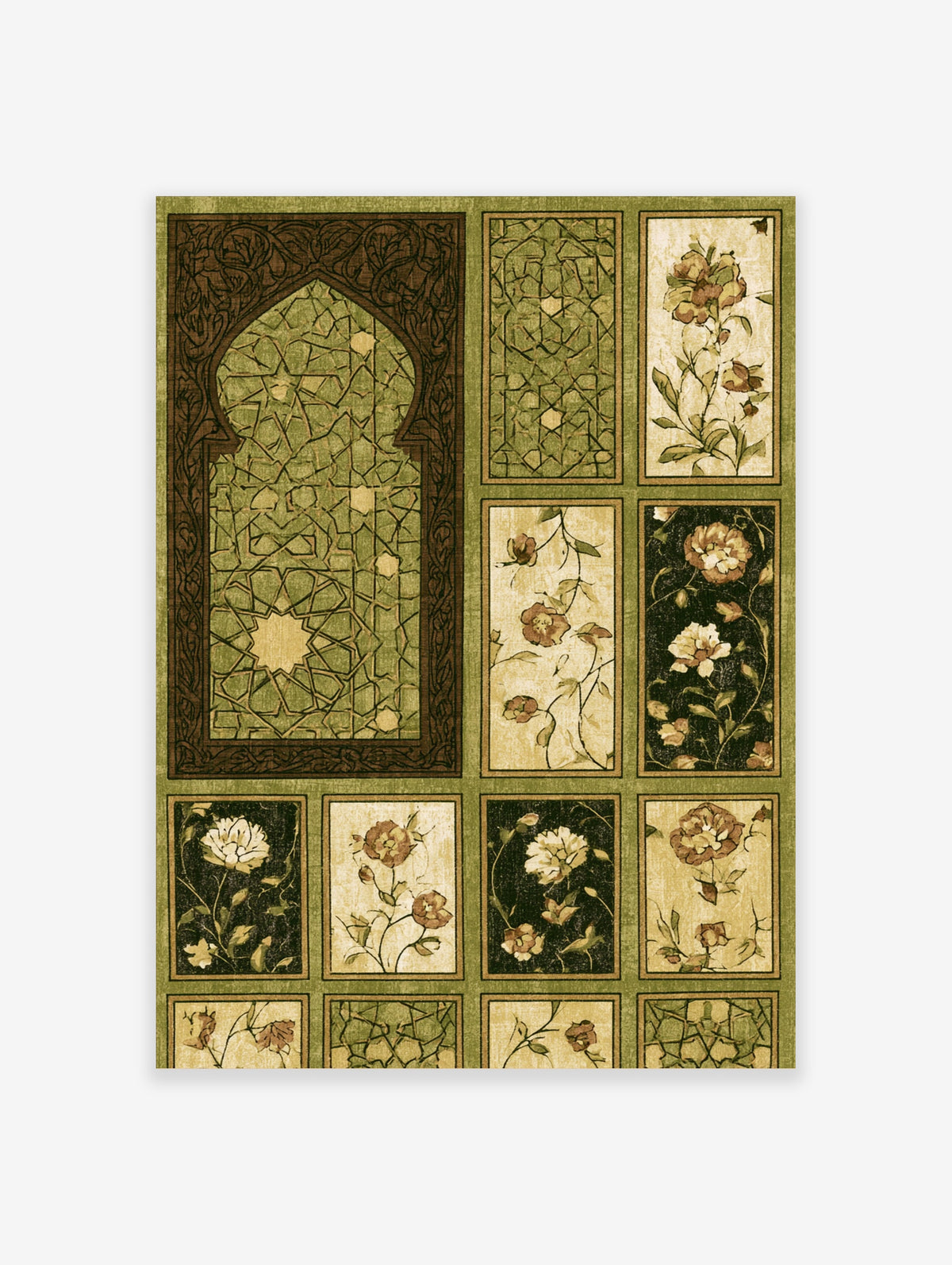 Green Islamic geometric wall art with ornate floral panels and arabesque arch detail
