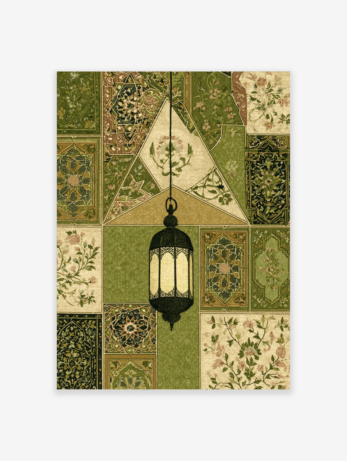 Green Islamic lantern poster with ornate geometric tiles and floral motifs, unframed paper print