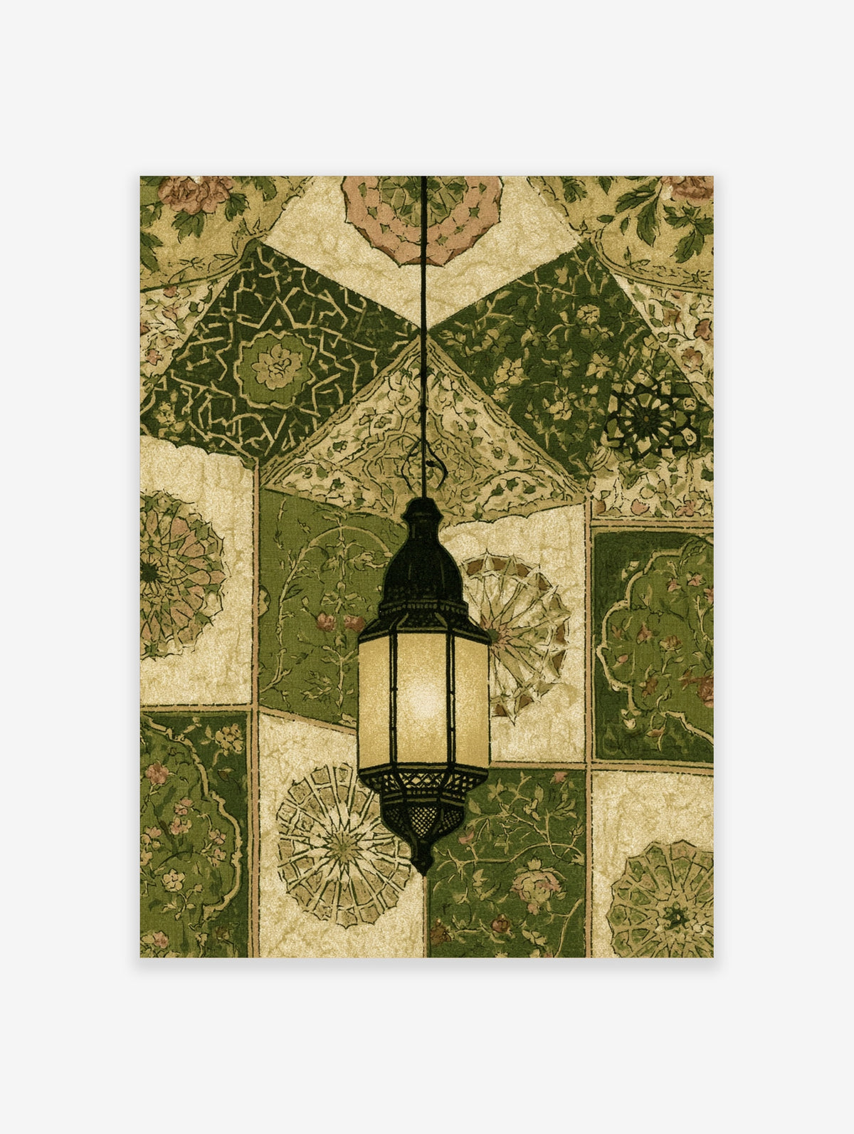 Green Islamic lantern poster with ornate hanging lamp and geometric tile patterns