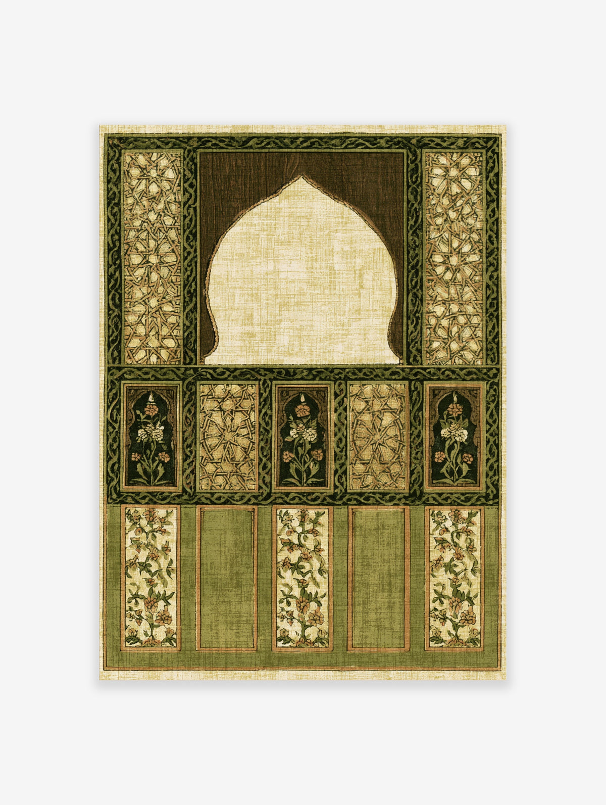 Green Islamic prayer arch poster with geometric mosaic panels and floral motifs on beige background