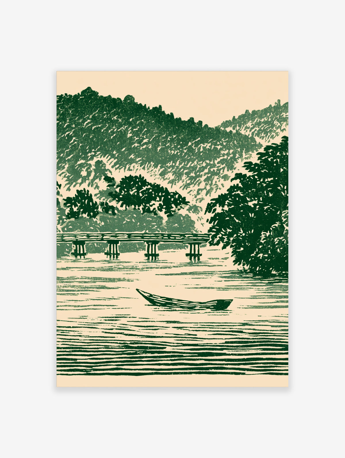 Green Japanese woodblock landscape print with a wooden bridge, moored boat, and forested hills