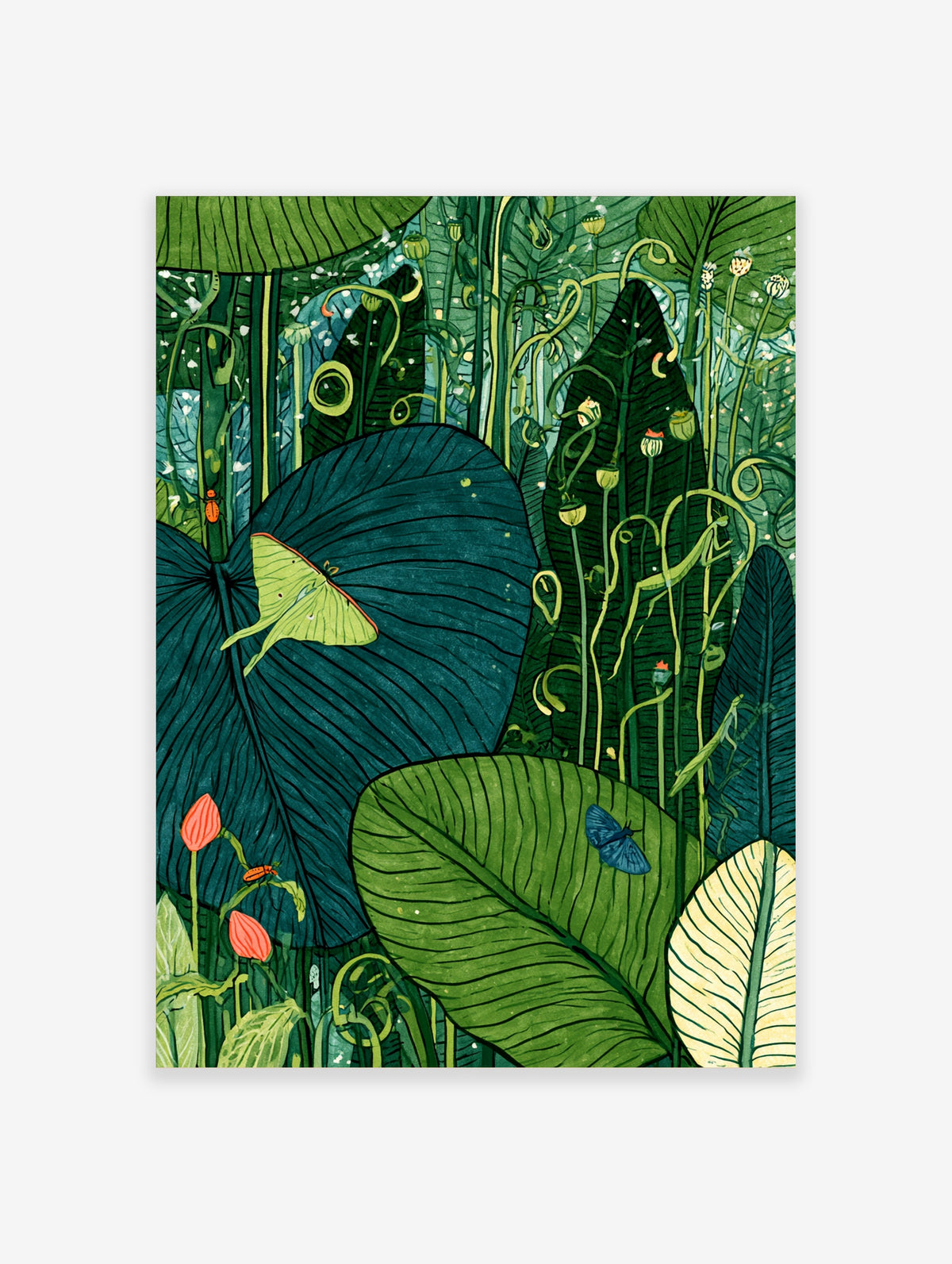 Green jungle botanical art print with tropical leaves, vines, and butterflies