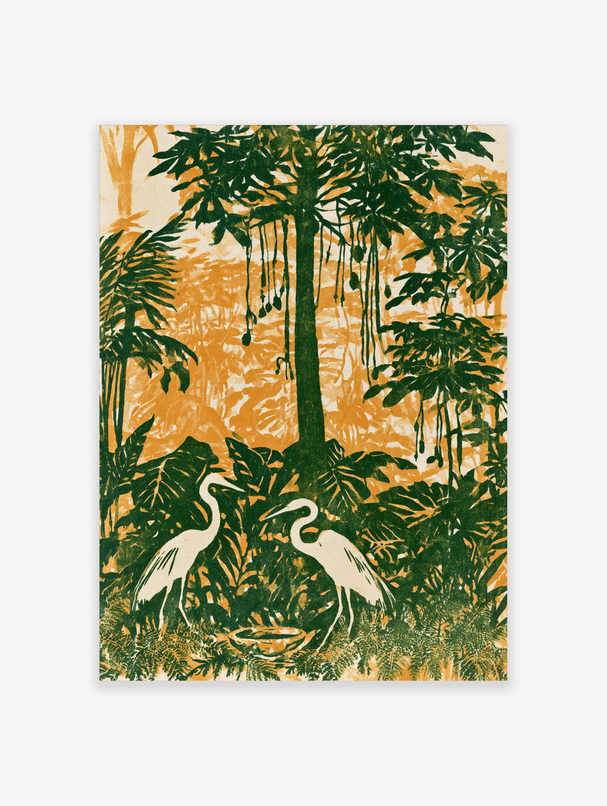 Green jungle heron poster with two white egrets among tropical leaves and hanging vines